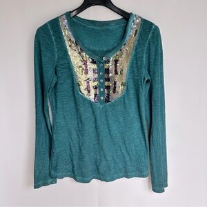 Free People Sequin Henley Long Sleeve Teal Size Large